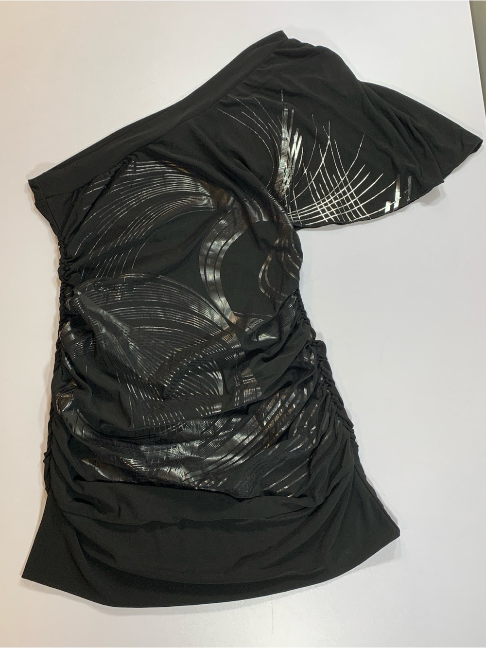 Y2K Demore One Shoulder Ruched Tunic Top M Black Made In USA Graphic Print Club